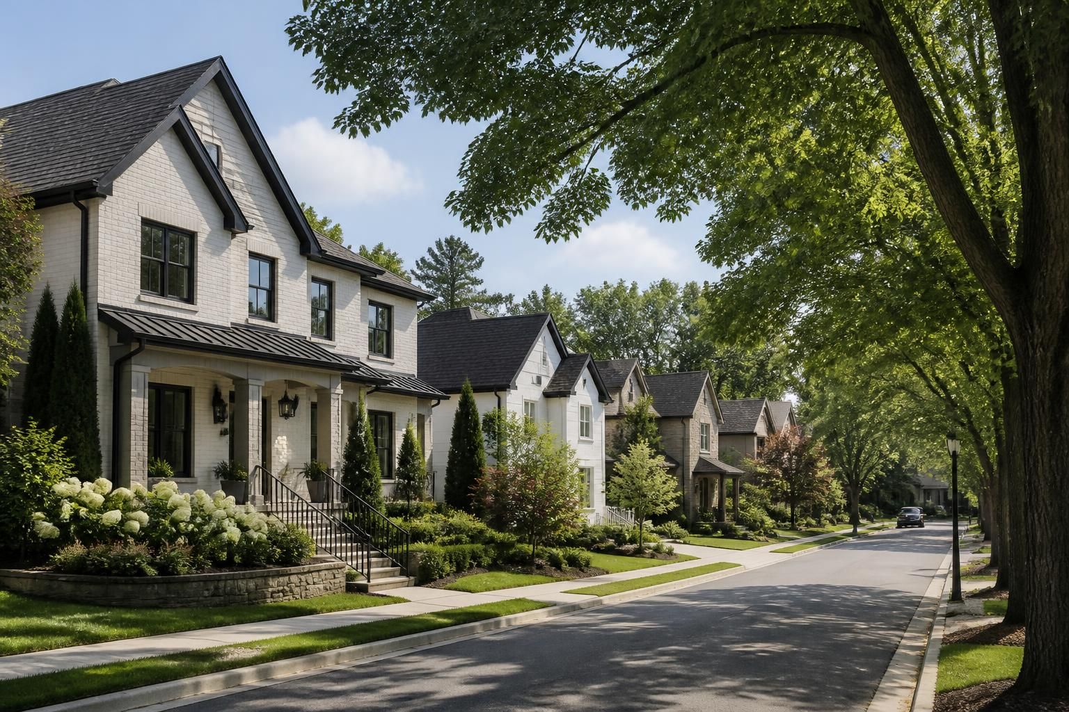 Upscale suburban neighborhood with modern homes and trees.