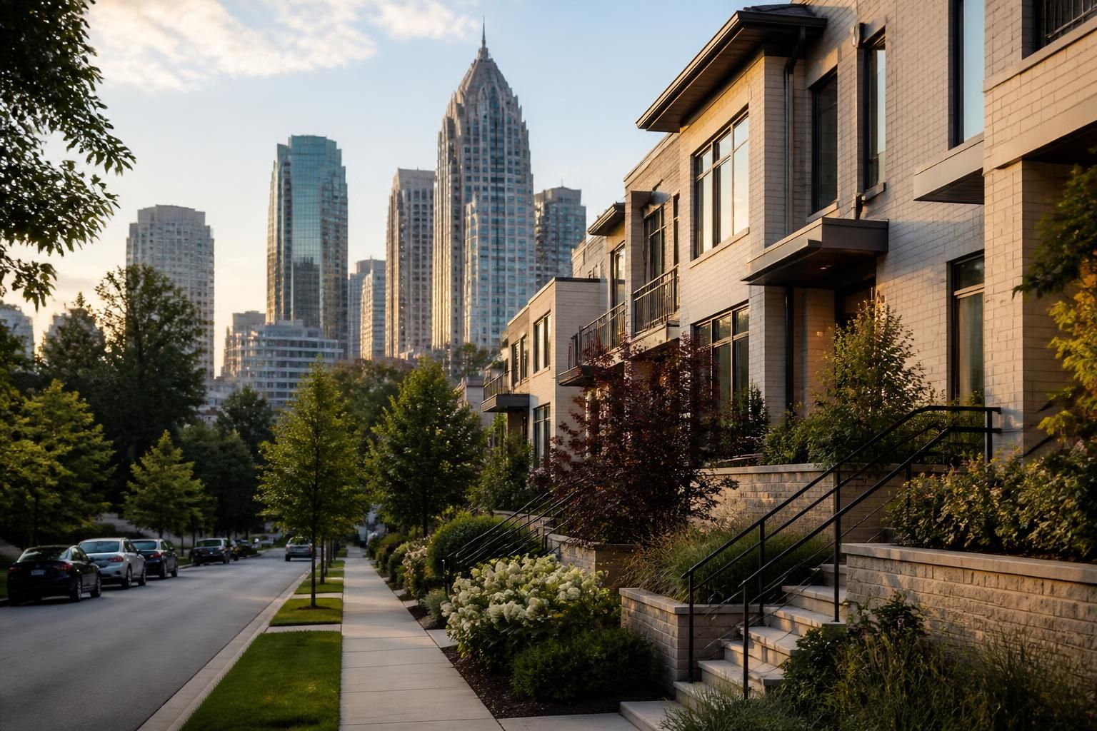 Urban residential scene with modern homes and city greenery.