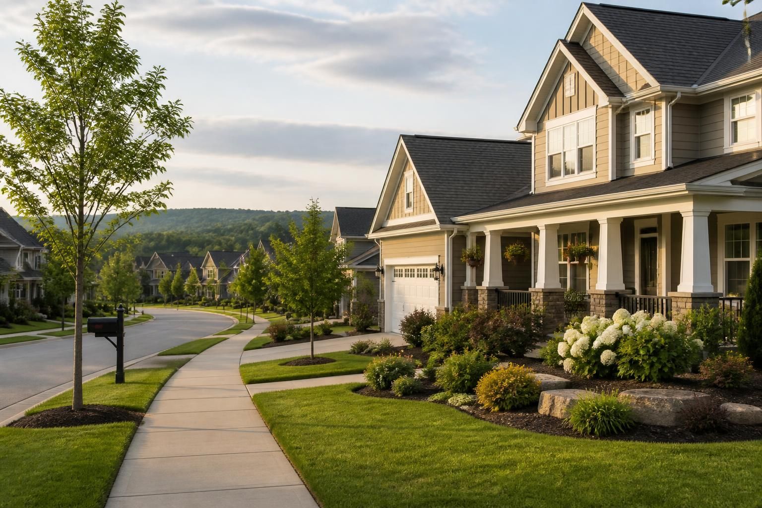 Suburban neighborhood with tidy homes and soft greenery.