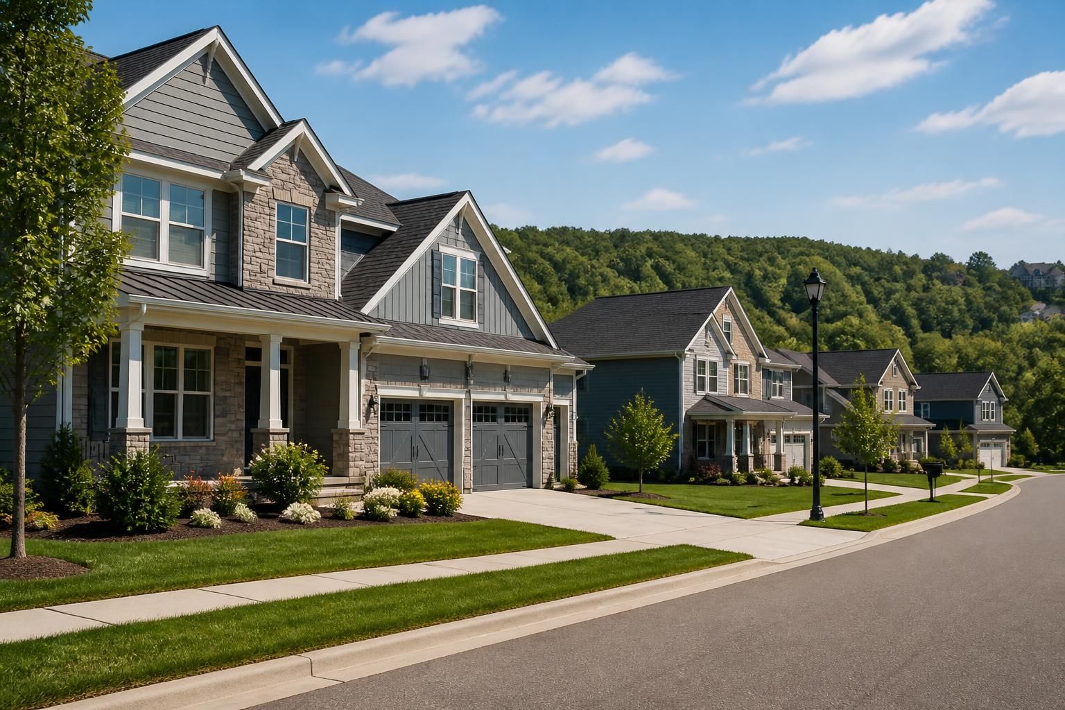 Contemporary homes along a landscaped suburban street.