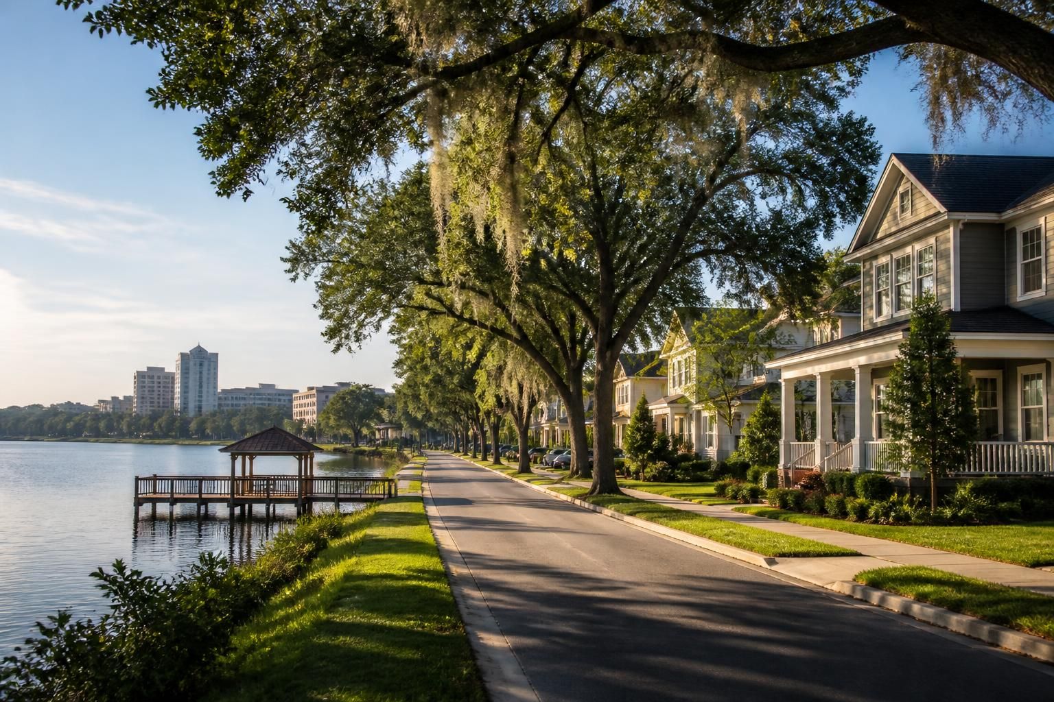 Lakeside residential community with calm neighborhood streets.