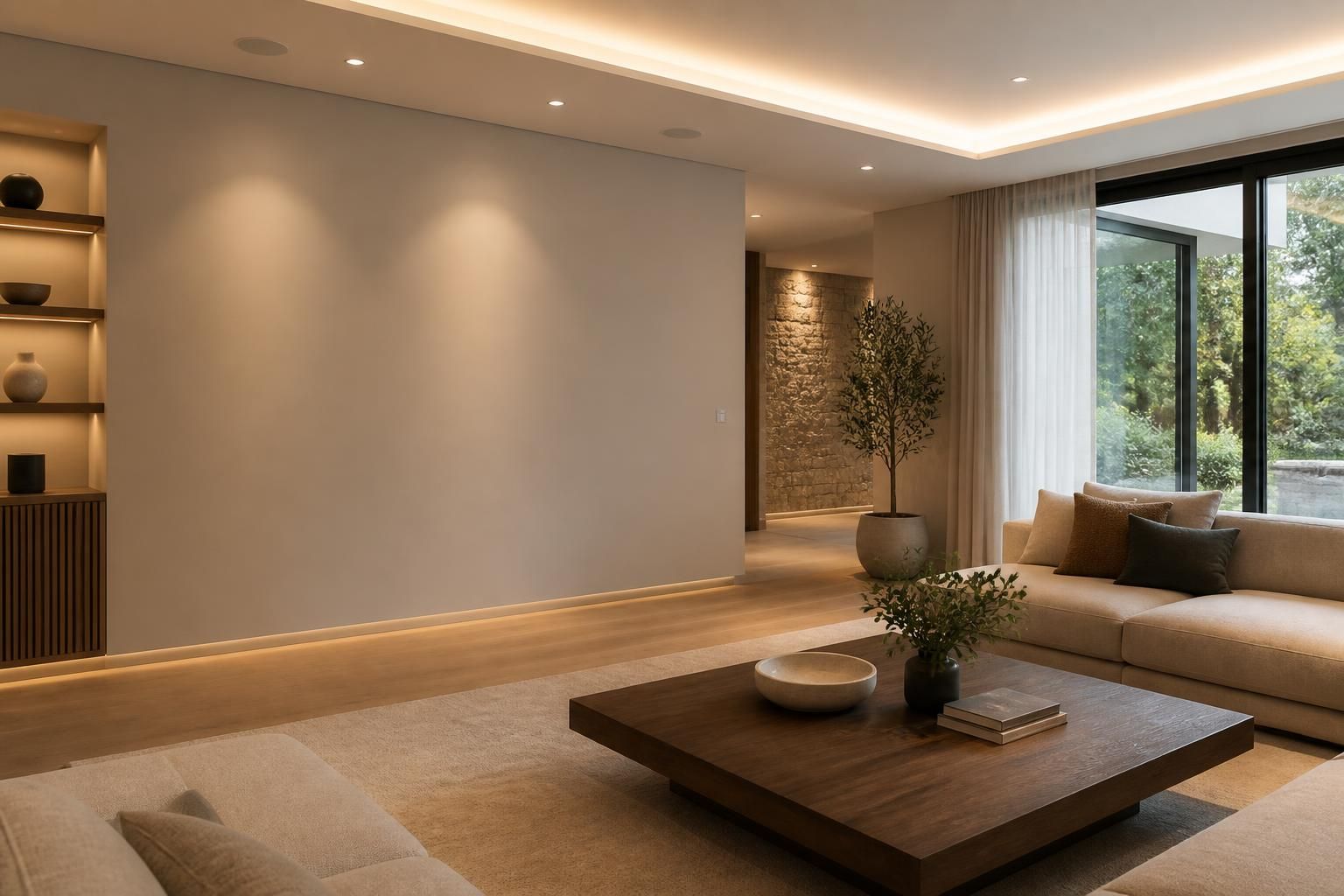 Finished home automation space with integrated audio and soft lighting.