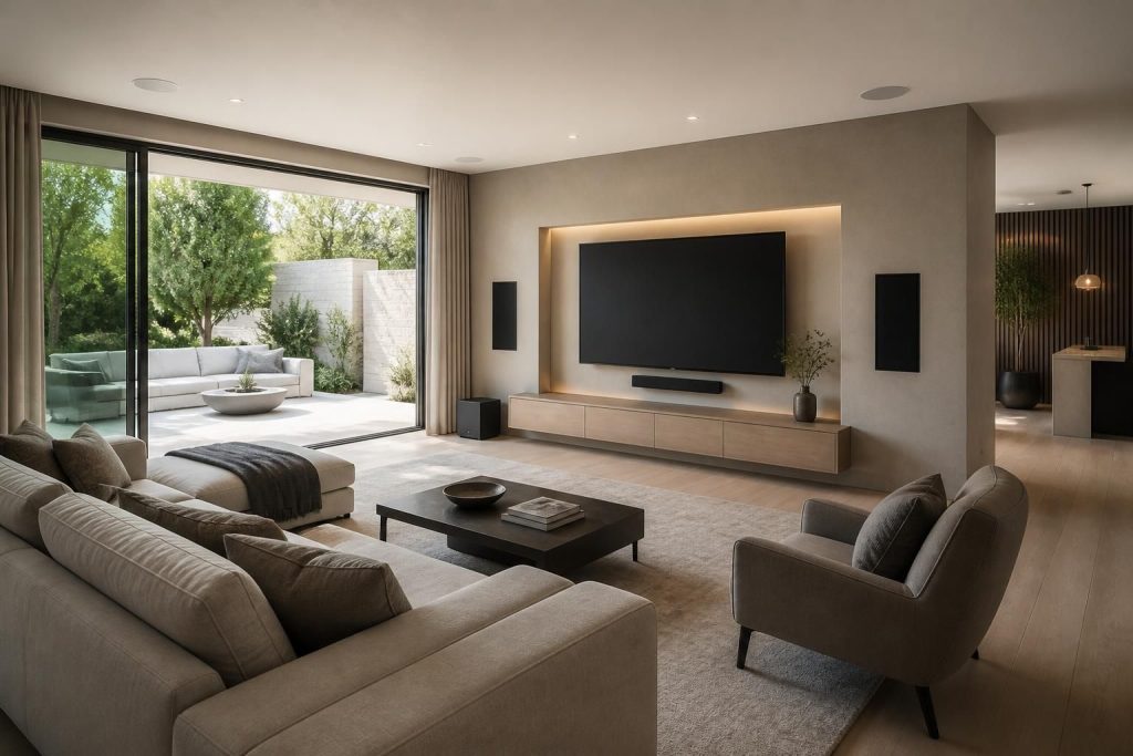 Modern living room with a sleek home theater and built-in speakers.