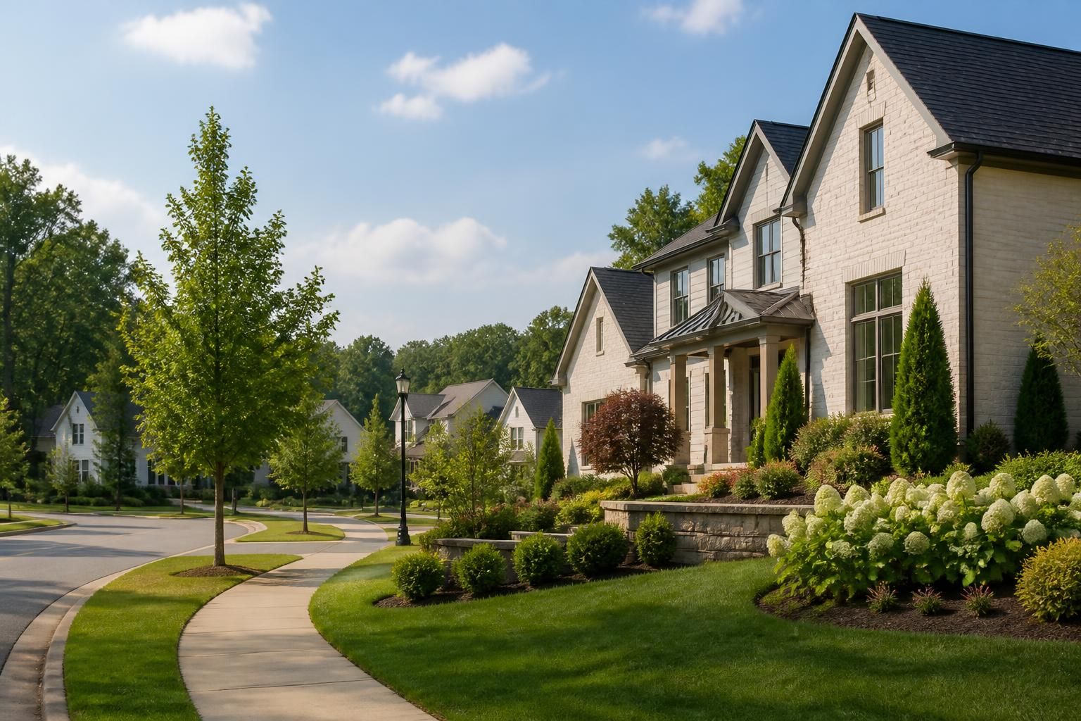 Manicured neighborhood with modern homes and landscaping.