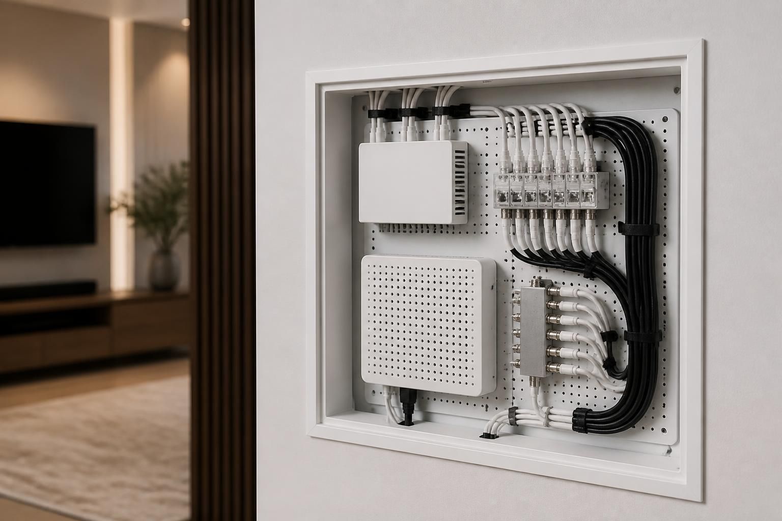 Neatly installed low-voltage cabling and components in a modern home.