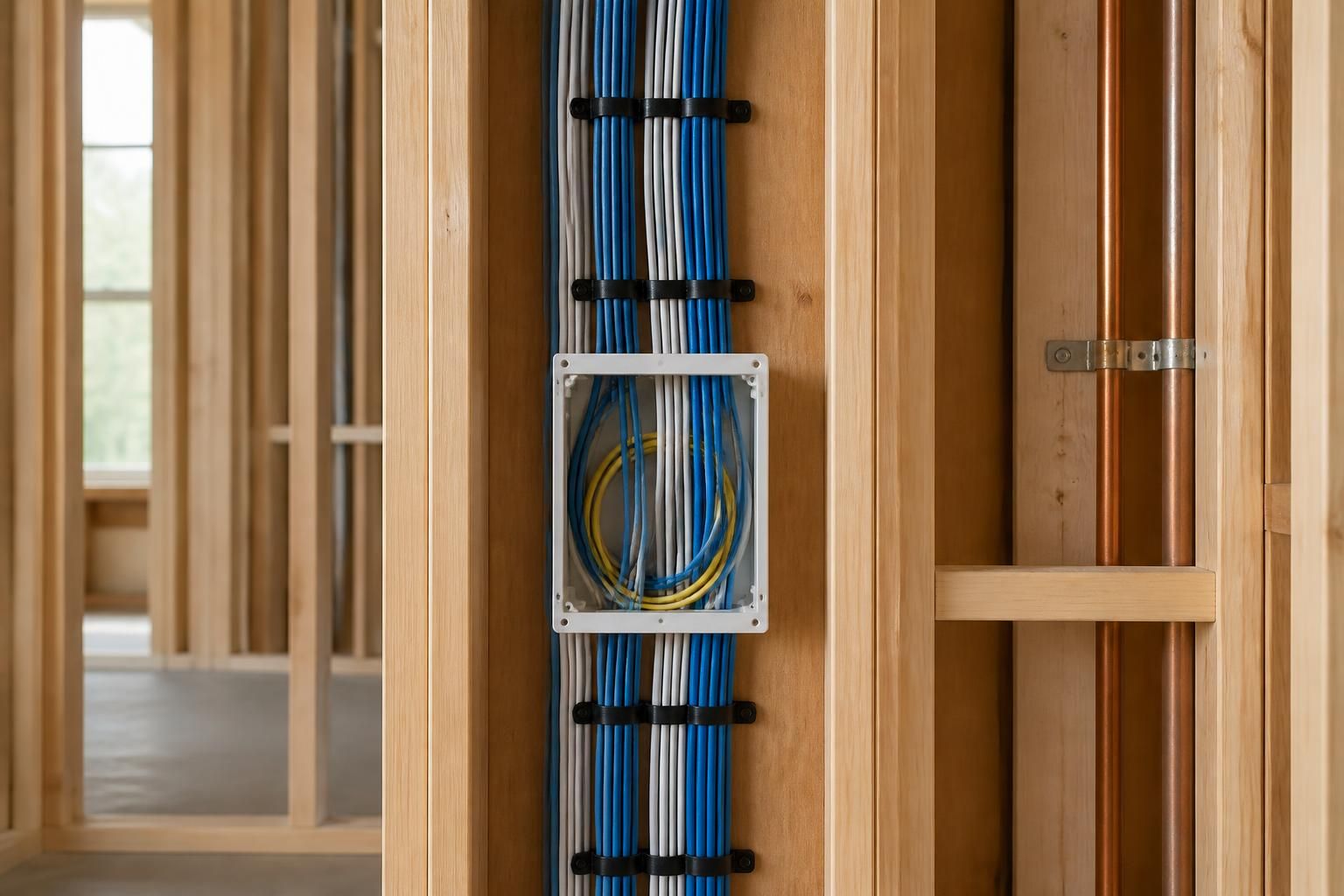 Neatly organized pre-wiring inside a new home wall cavity.