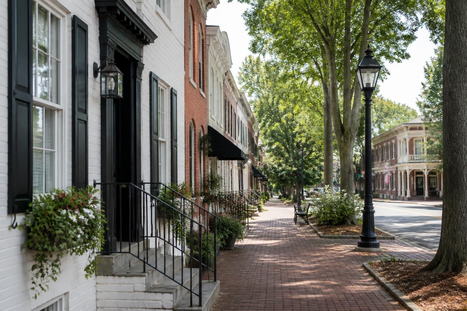 Charming downtown streetscape with classic neighborhood architecture.