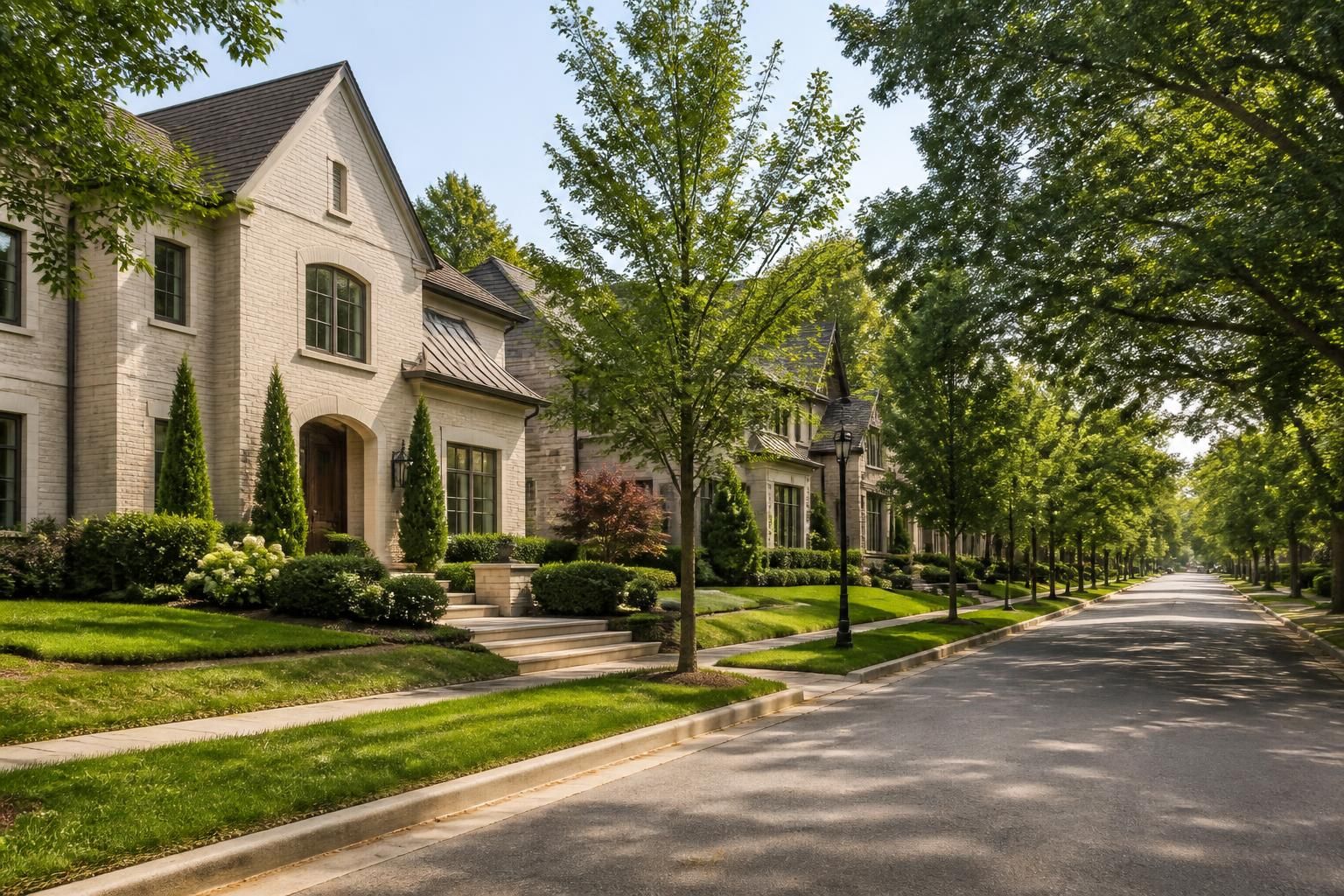 Tree-lined street with elegant homes in Sandy Springs.