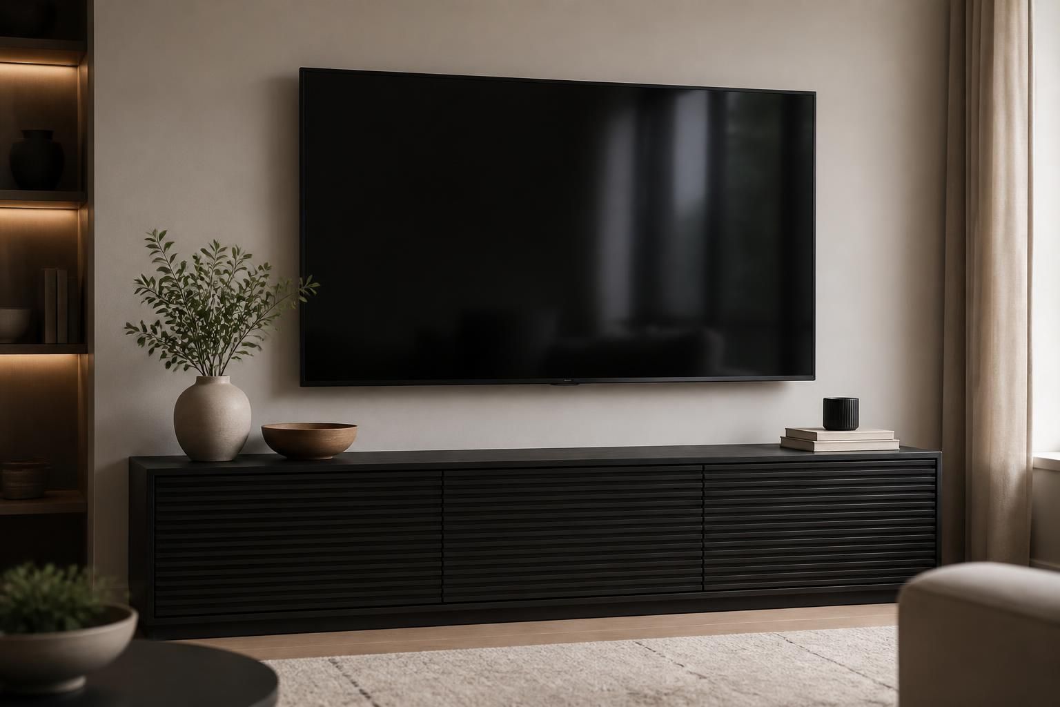 Wall-mounted television above a finished media console.